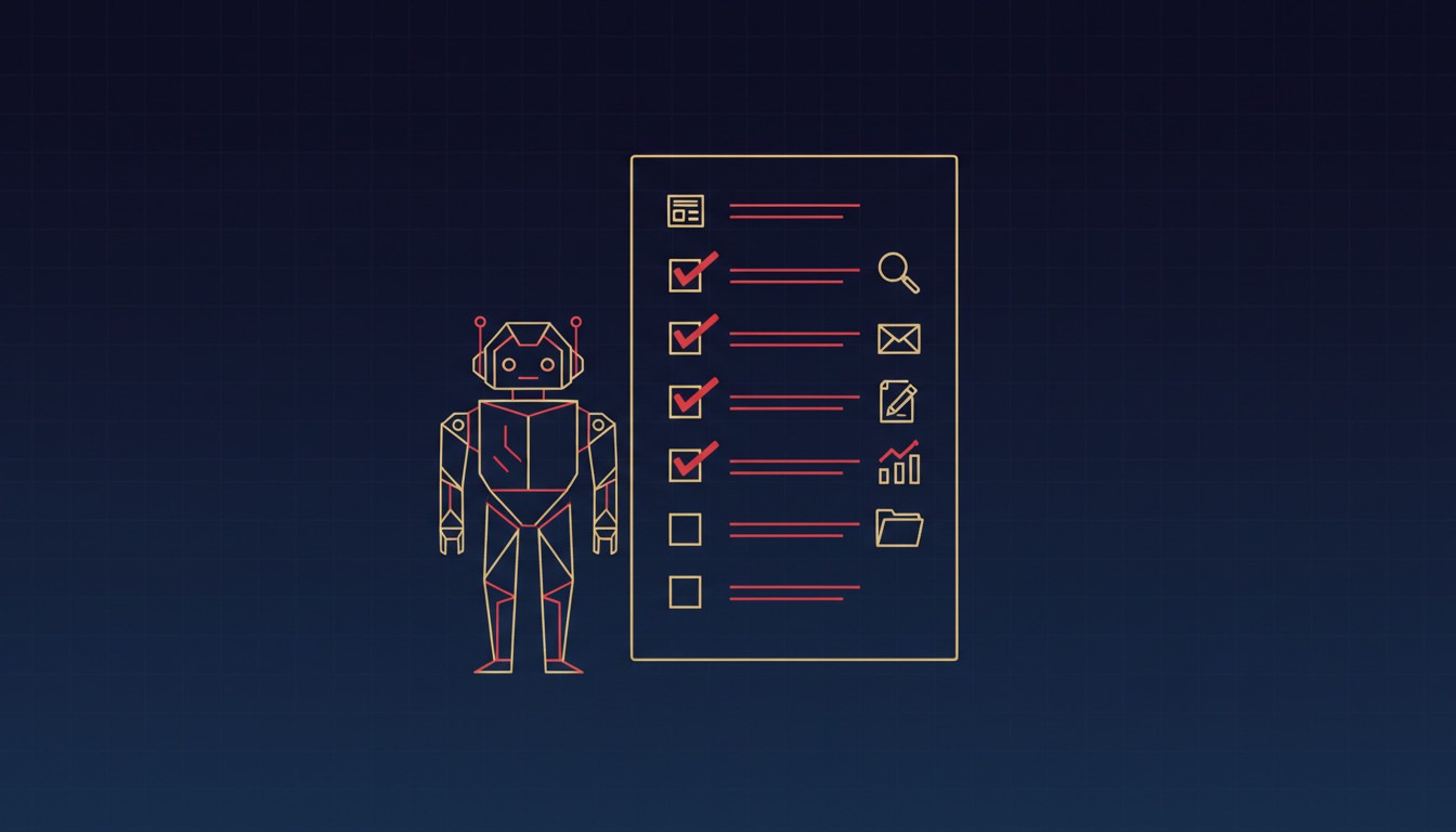 Illustration of an AI agent robot handling a checklist of ten marketing tasks