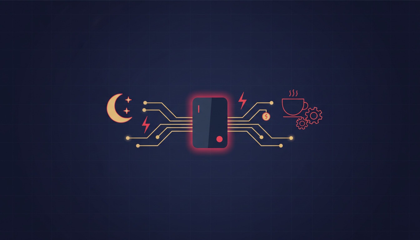 Illustration of a mini PC running an AI agent 24/7 at home with low electricity cost