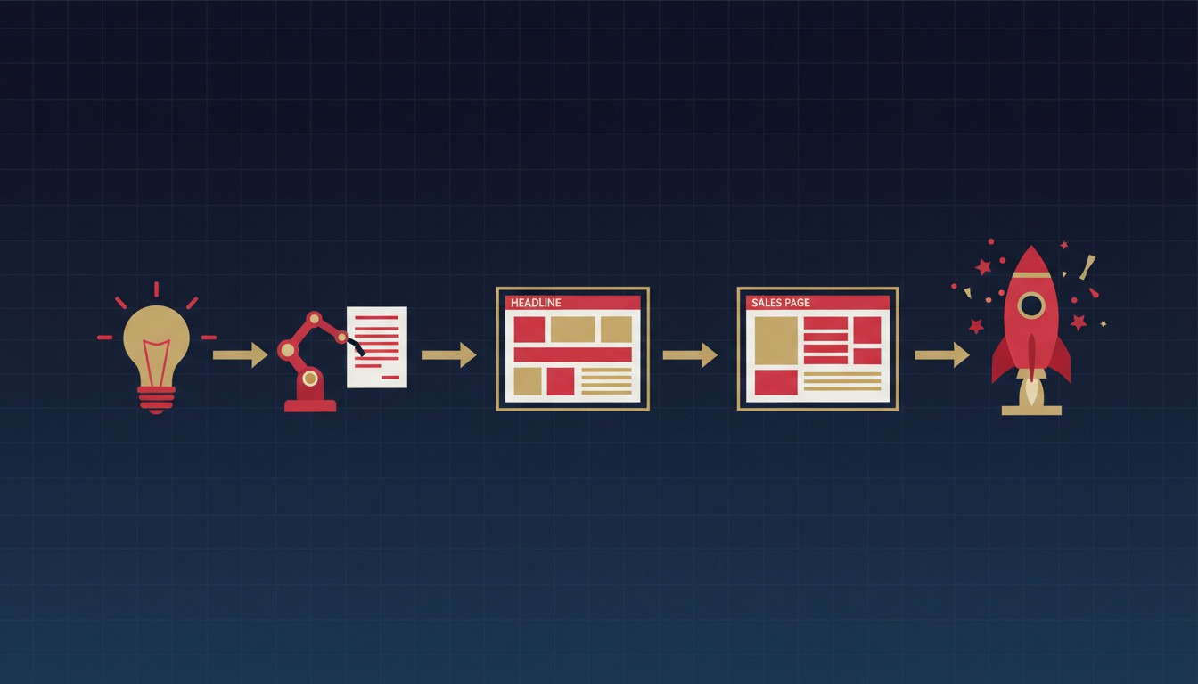 Illustration of the workflow from product idea to WarriorPlus launch with AI - lightbulb to rocket pipeline