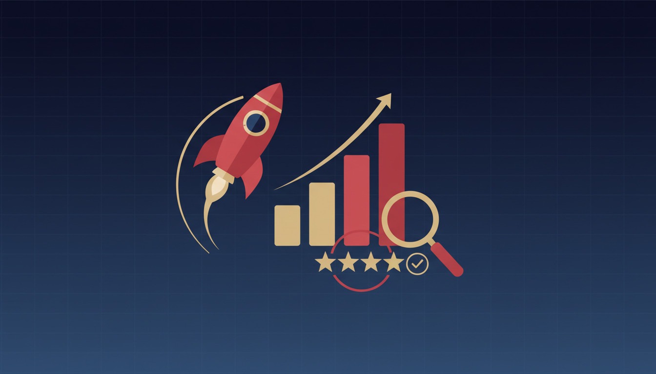 Illustration of launch jacking - rocket launch with rising chart and product review rating