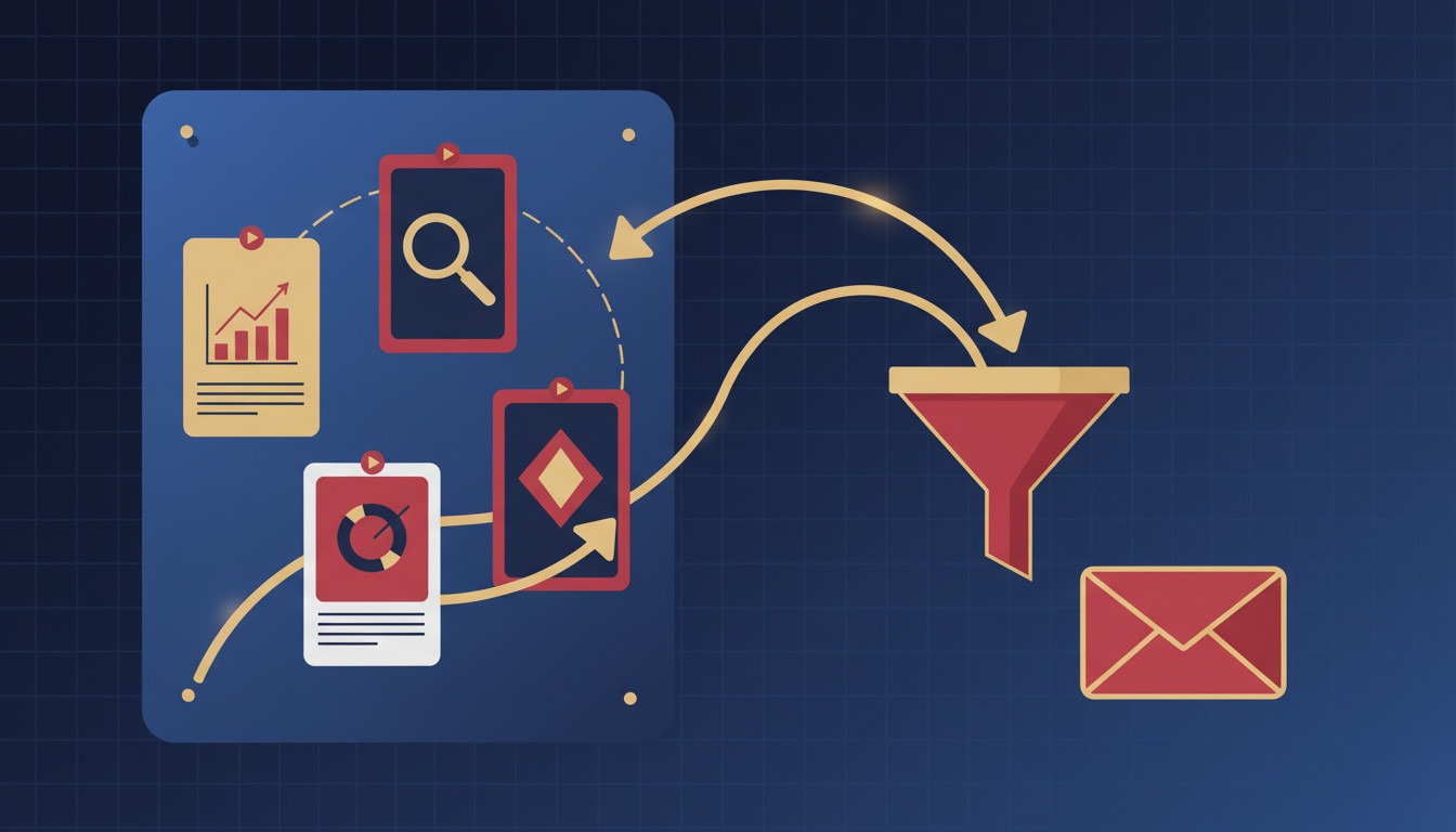 Illustration of Pinterest traffic for affiliates - pinboard with vertical pins flowing into an email funnel