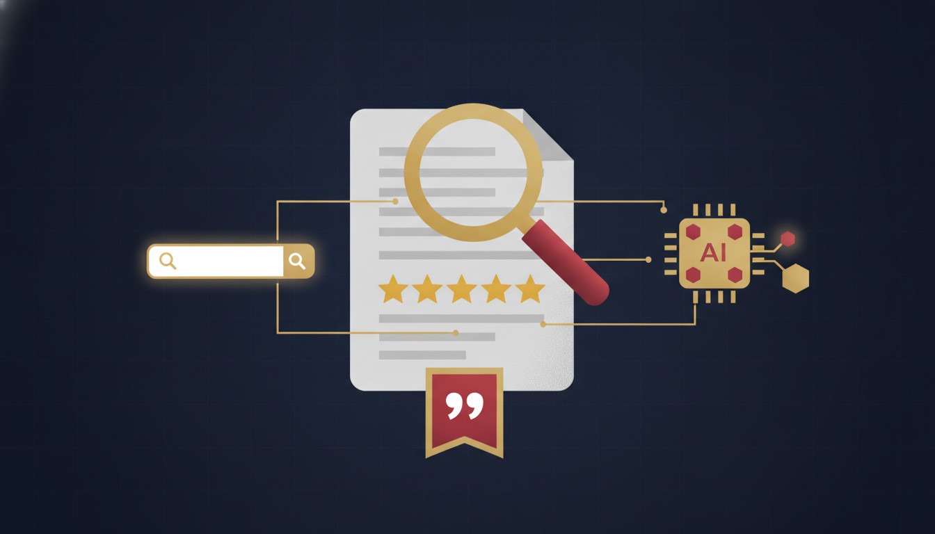 Illustration of a product review with star rating being cited by both Google search and AI search