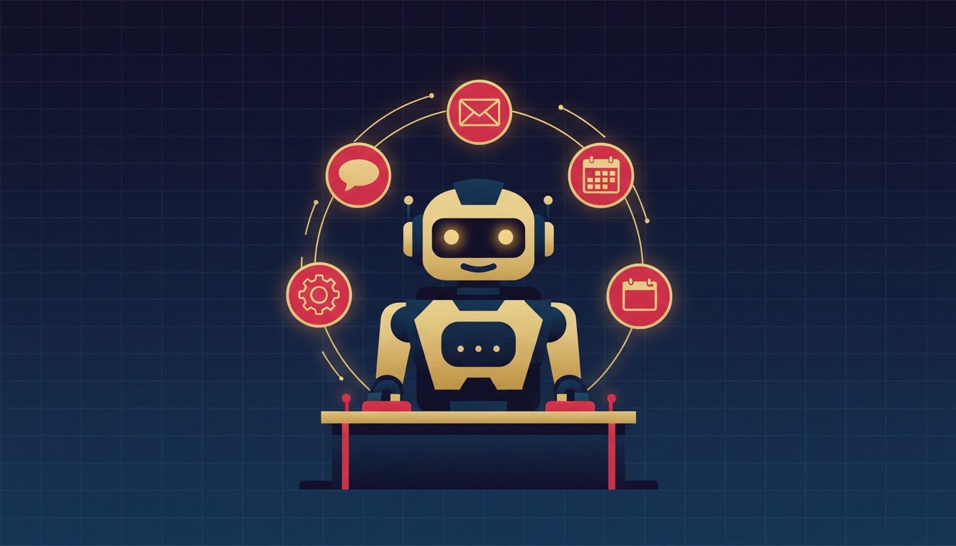 Illustration of an AI agent robot assistant connected to messaging and marketing tools