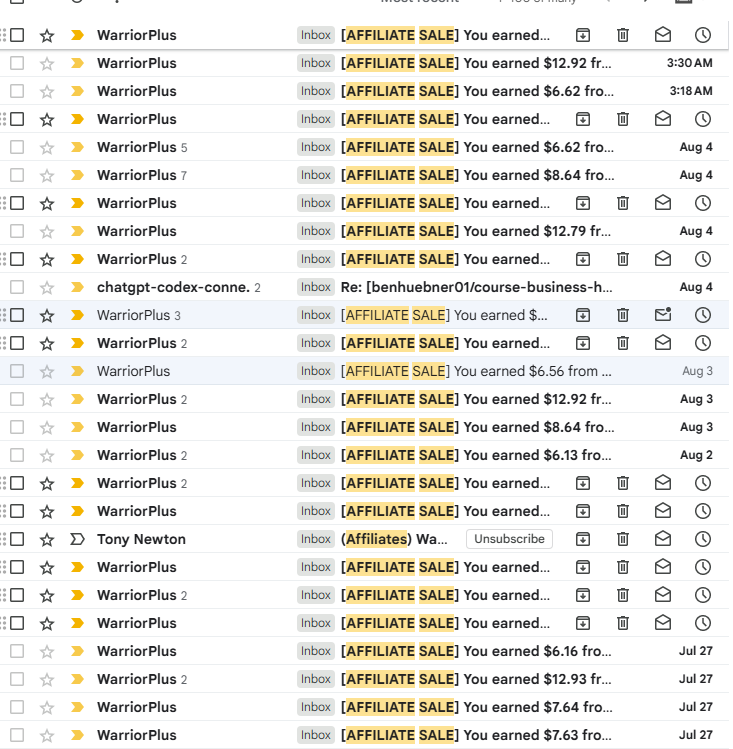 Inbox with affiliate sale notification emails during launch week