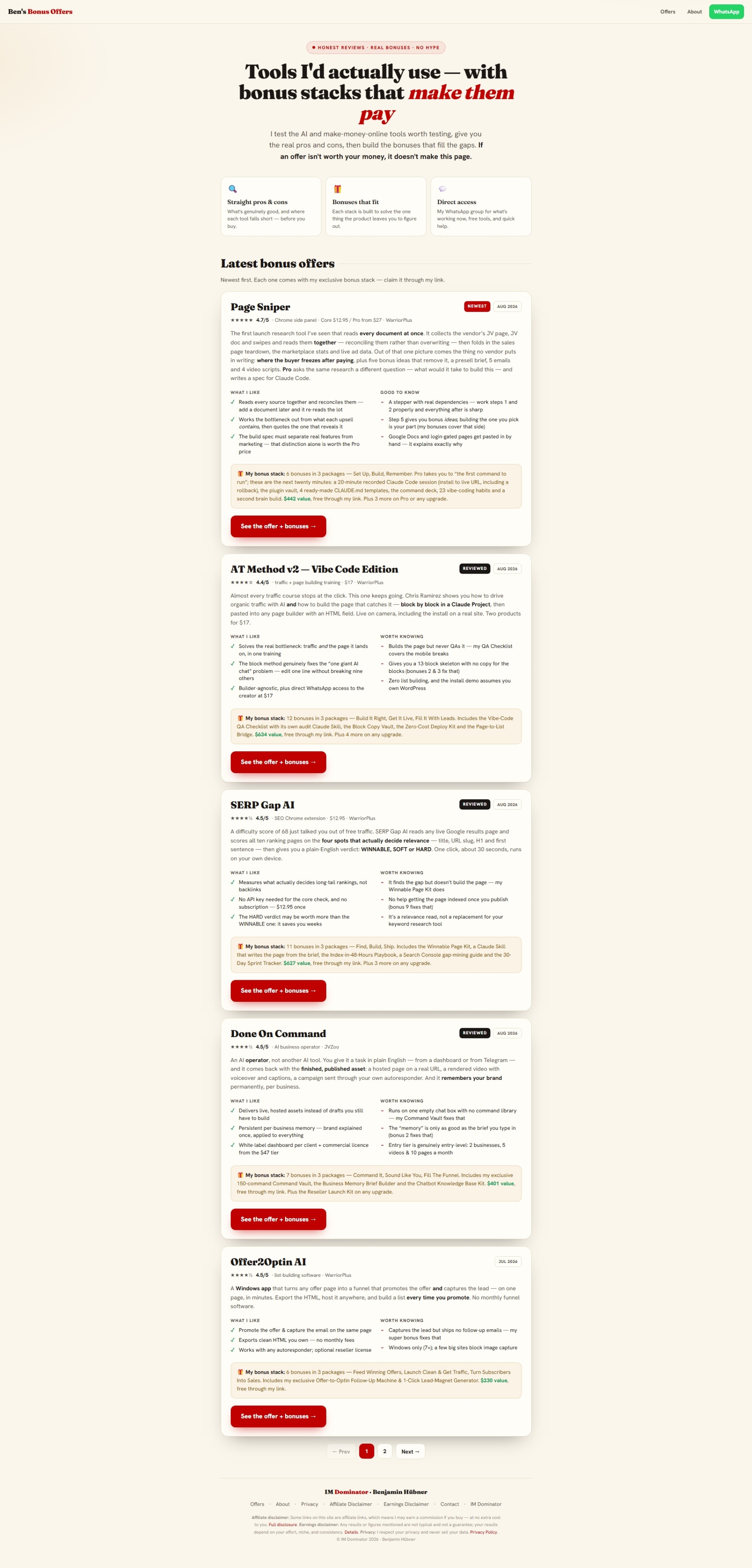 A bonus offers hub page listing multiple campaigns
