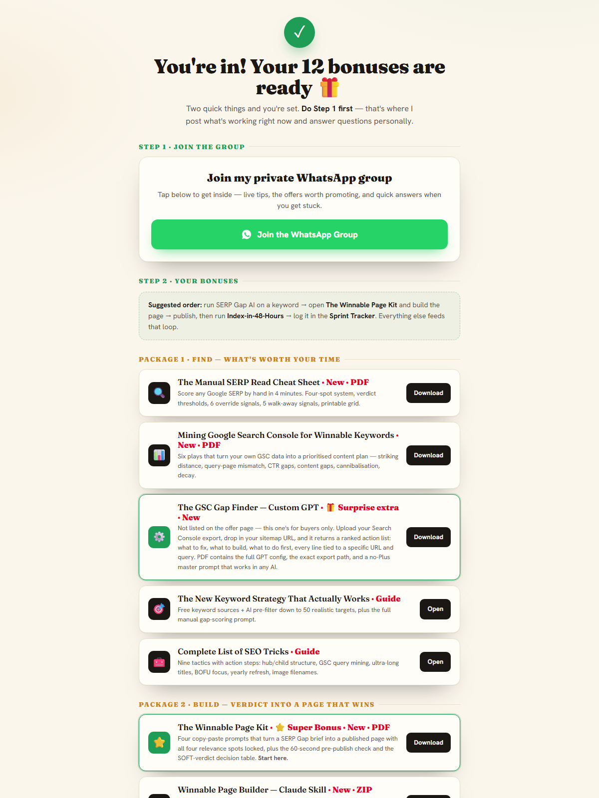 A finished bonus delivery page with packaged bonuses and download buttons
