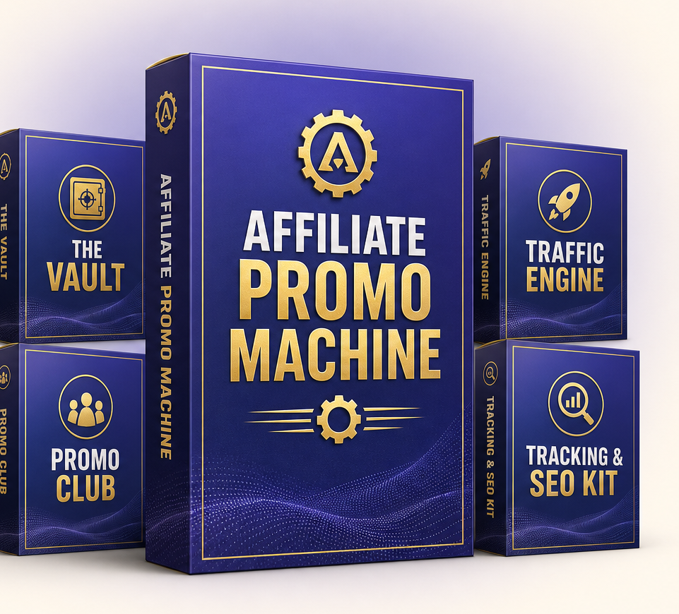 The Affiliate Promo Machine product family shown as a product lineup: The Vault, the monthly subscription, Affiliate Promo Machine, Traffic Engine, Tracking and SEO Kit
