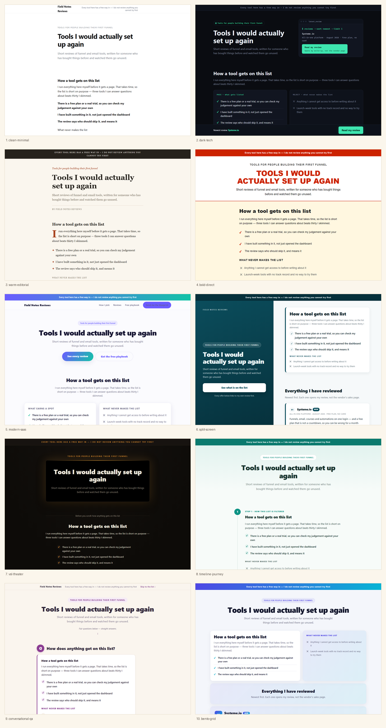 Ten different site designs shown in a grid, each with a visibly different layout and structure