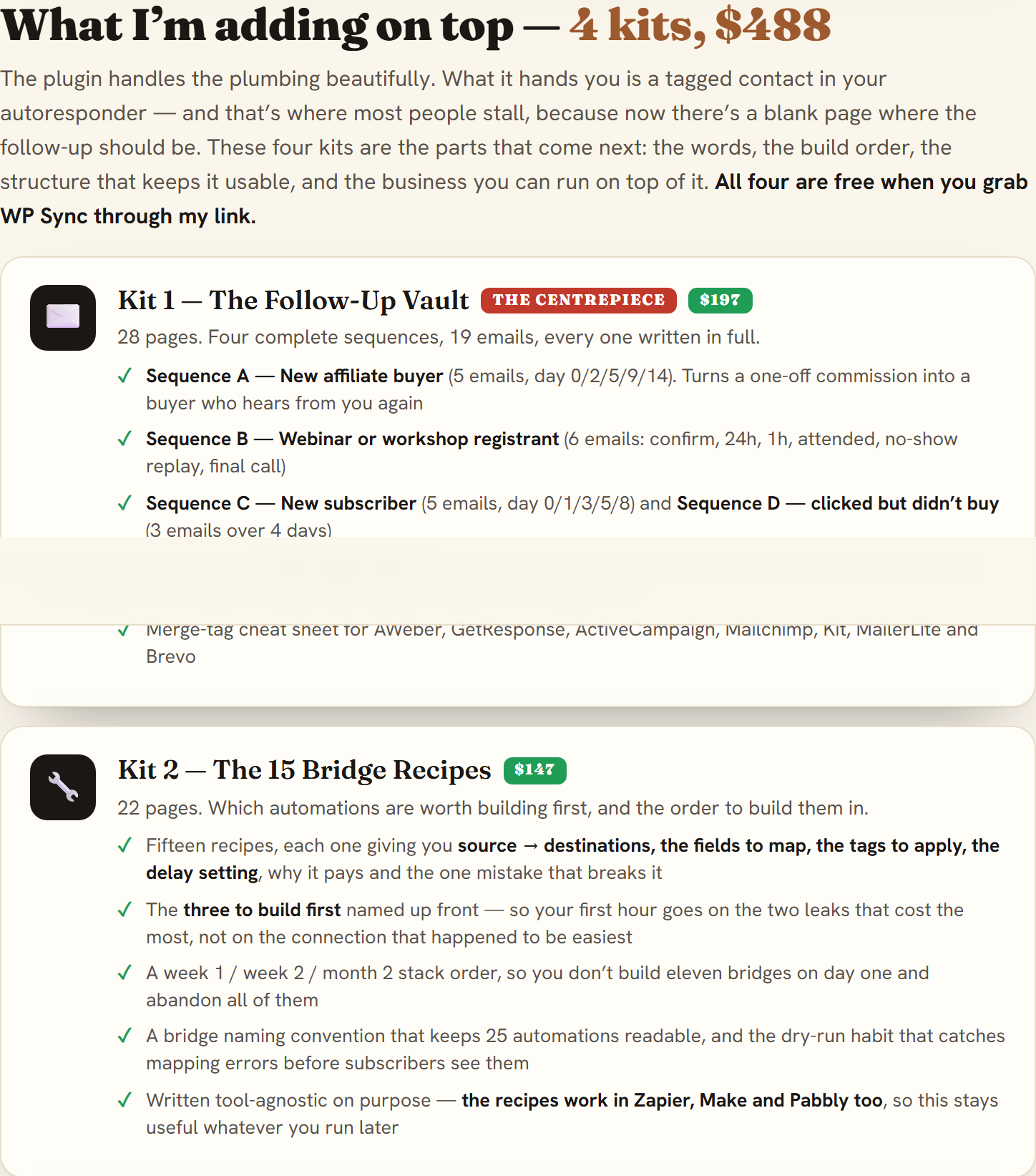 Bonus stack section from the same bridge page — named kits with benefit bullets and value anchors