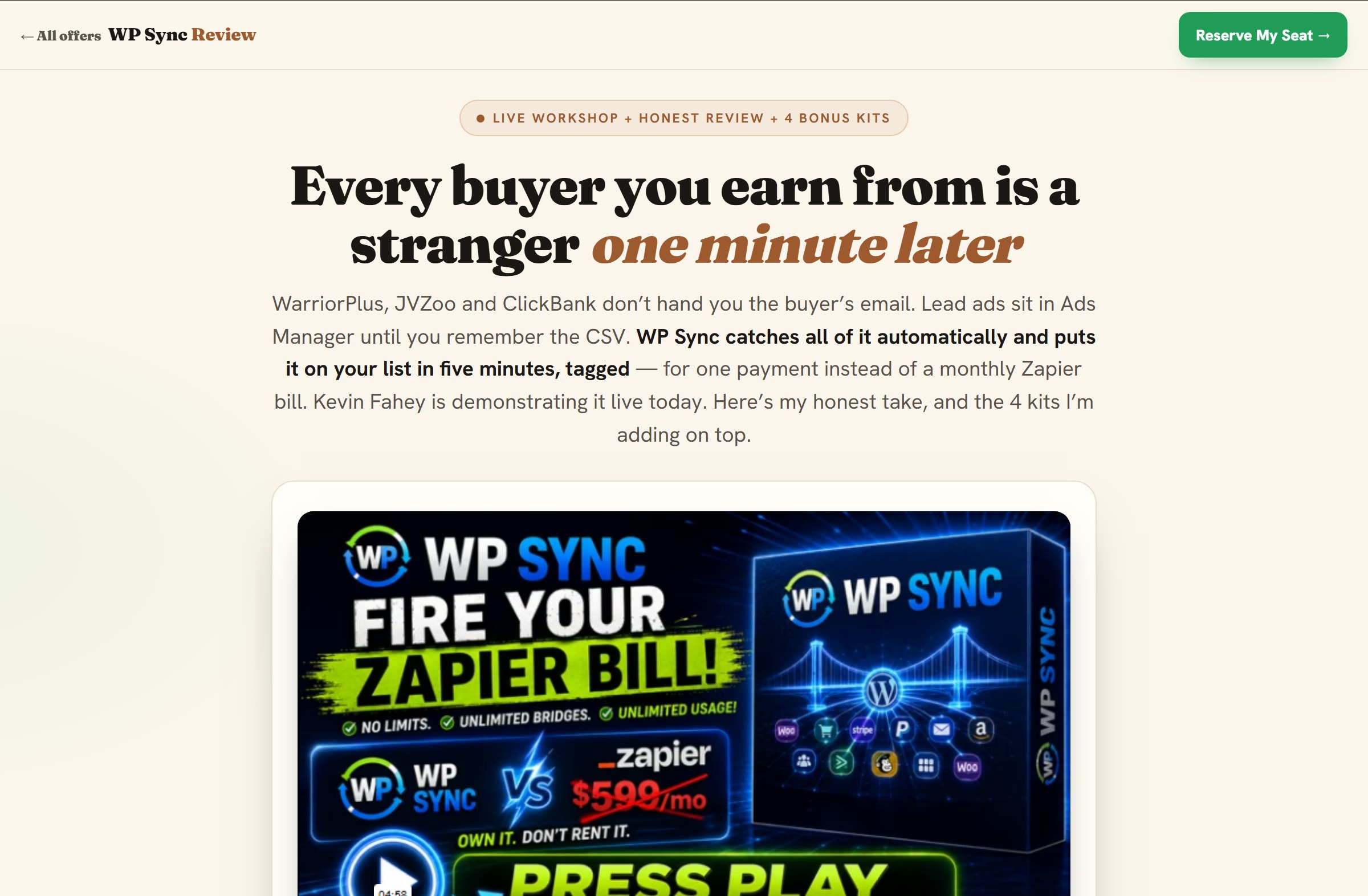 Presell bridge page built by the Promo Machine — headline, review framing and product box for a real WordPress plugin promo