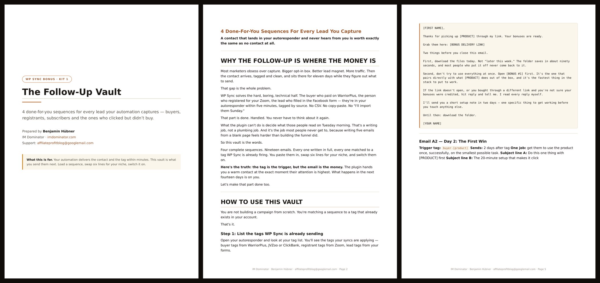 Three real pages from The Follow-Up Vault bonus PDF — cover, the four done-for-you sequences, and a complete ready-to-send email