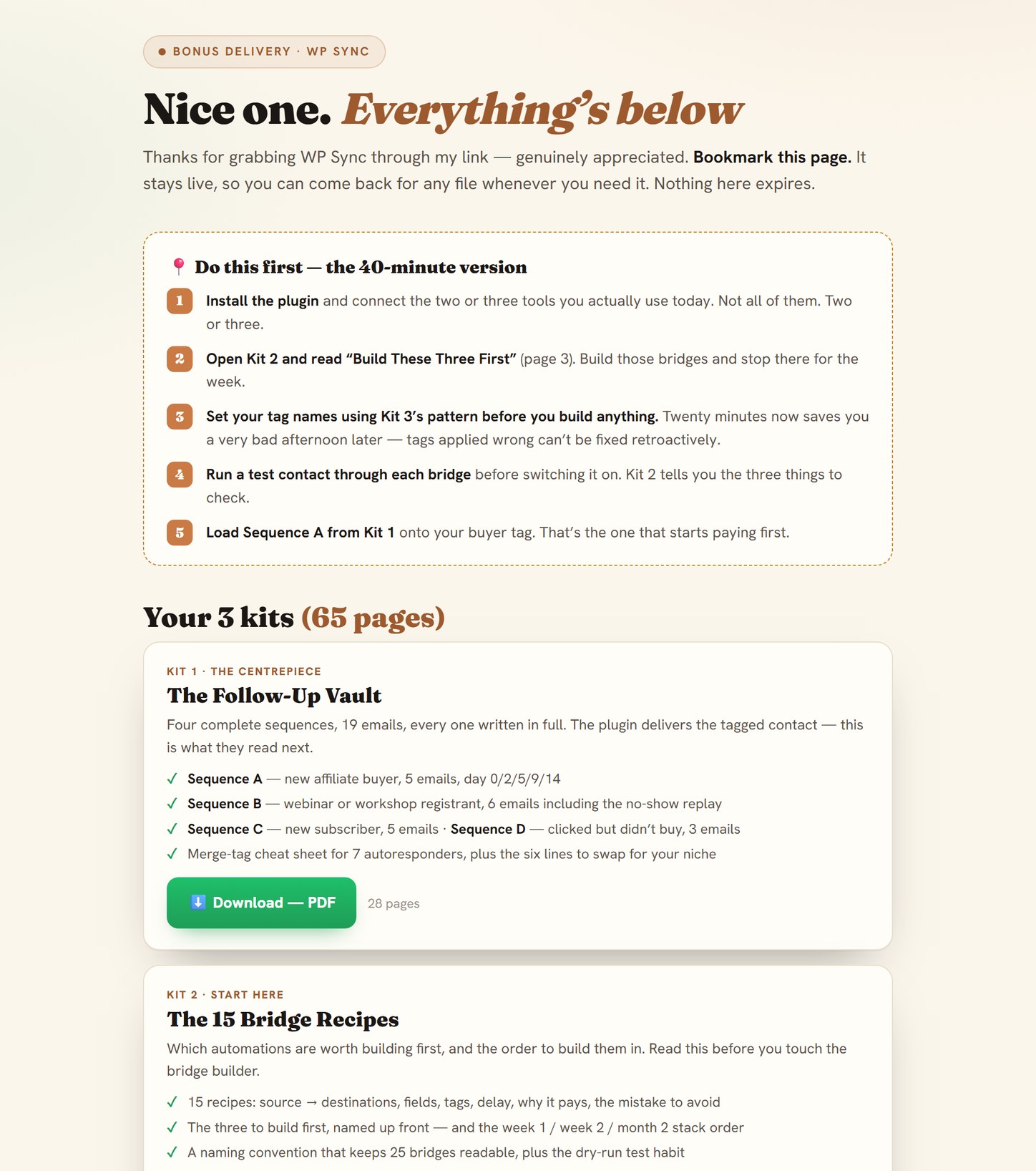 Bonus delivery page — quick-start checklist and download links buyers see after purchase