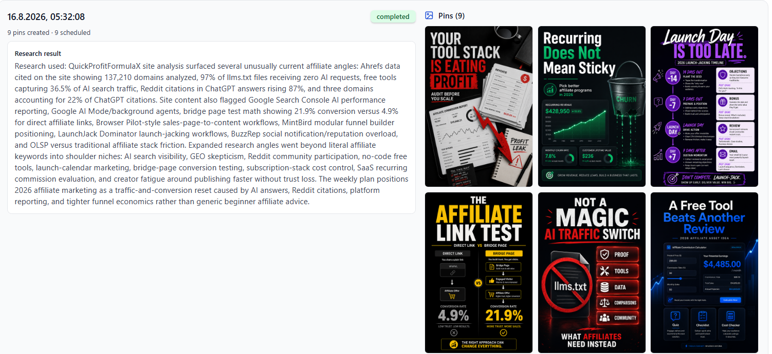 Real PinAgent auto-built campaign in the dashboard